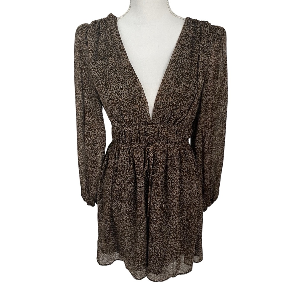 Lush Brown Leopard Metallic Print V-Neck Dress Tie Back Med Long Sleeve Mini